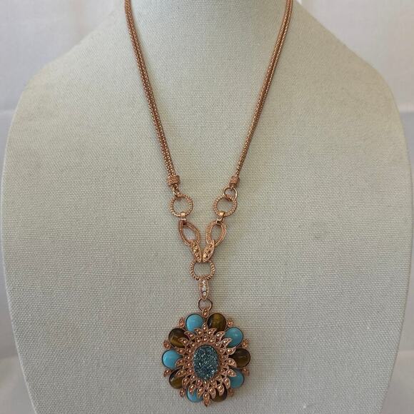 Beria Collection 18KT Rose GP Turquoise & Tigers Eye Floral Pendant Necklace - Picture 2 of 8